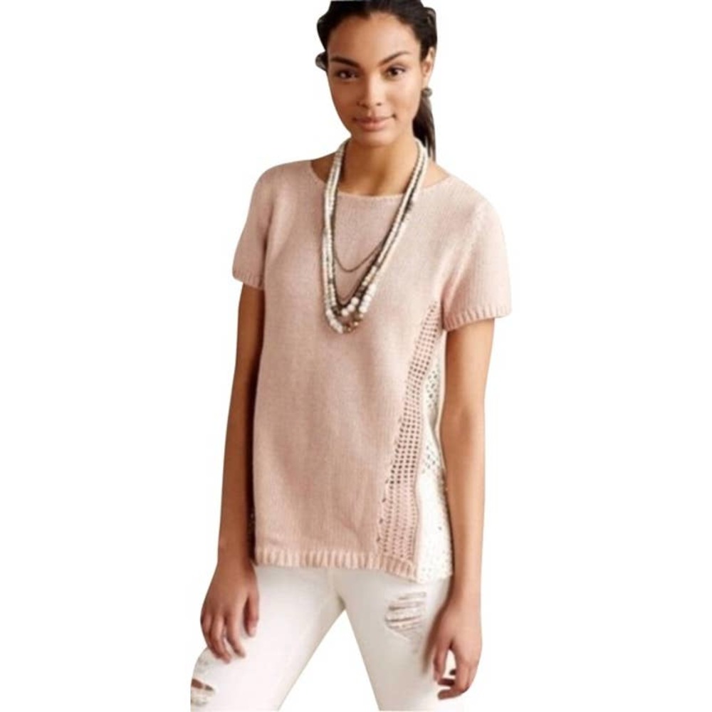 Anthropologie Moth Madeira Pink & White Eyelet Knit Back Pullover Sweater Size S - Picture 2 of 11